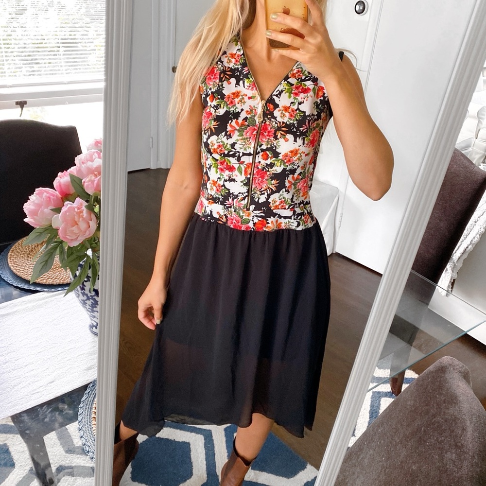 🌹 BOHO BLACK MULTI ASYMMETRICAL FLORAL MIDI DRESS!